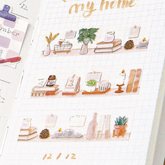 Cute Kawaii BGM Washi / Masking Deco Tape - What's on My Desk - Vlogger Book Plant Candle Table Decor Gold Accents - for Scrapbooking Journal Planner Craft
