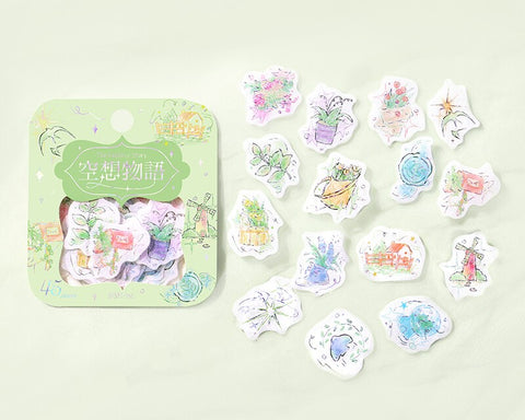 Cute Kawaii BGM Pastel Color Series Flake Stickers Sack - Green Flower Plants Garden Bloom Letter - for Journal Agenda Planner Scrapbooking Craft Schedule