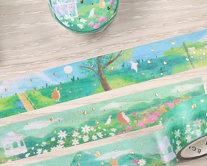 Cute Kawaii BGM Washi / Masking Deco Tape - Lush Green Landscape Beautiful Nature Farm Animal Free Forest Season Gold Accent - for Journal Planner Craft Diary Schedule Notebook Scrapbook Stationery Gift