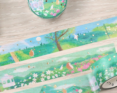 Cute Kawaii BGM Washi / Masking Deco Tape - Lush Green Landscape Beautiful Nature Farm Animal Free Forest Season Gold Accent - for Journal Planner Craft Diary Schedule Notebook Scrapbook Stationery Gift