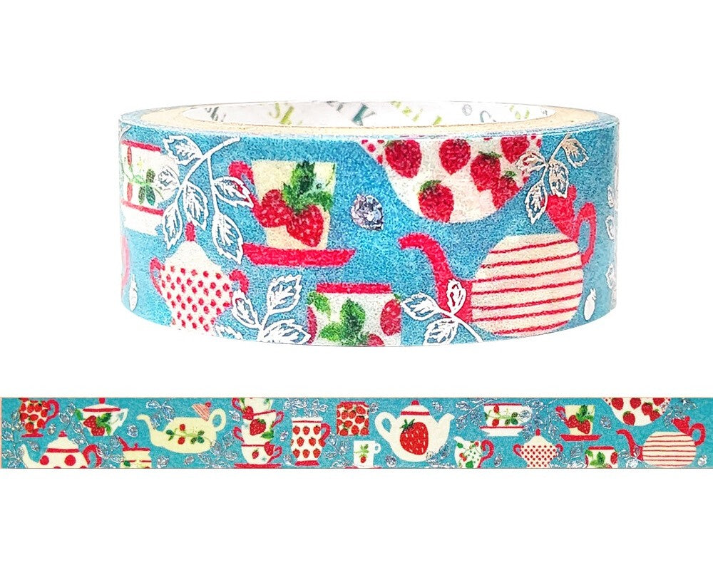 Cute Kawaii Shinzi Katoh Silver Accents Washi / Masking Deco Tape - Strawberry Fresh Fruit ♥ Tea Time Party - for Scrapbooking Journal Planner Craft