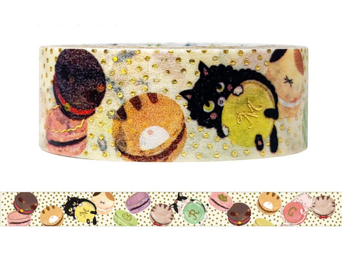 Cute Kawaii Shinzi Katoh Gold Accents Washi / Masking Deco Tape - Cat Kitty Macaroon - for Scrapbooking Journal Planner Craft