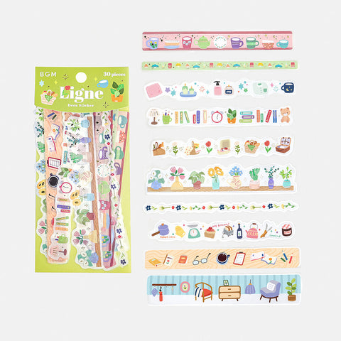 Cute Kawaii BGM Sticker Strips Sack - Cozy Room Decor Home House Books Kitchen Plant Drink - for Journal Agenda Planner Scrapbooking Craft Gift