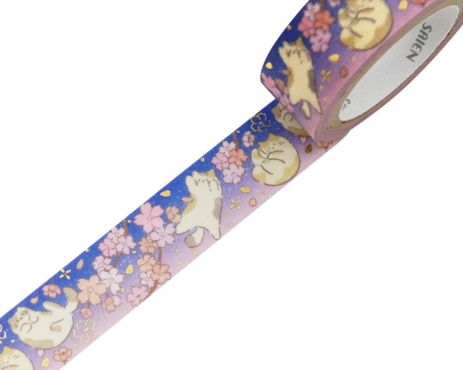 Cute Kawaii Saien Washi / Masking Deco Tape - Cat and Cherry Blossom Spring Garden Flower Bloom Sakura Petal - for Journal Planner Craft Diary Planner Scrapbook Notebook Art Stationery Gift