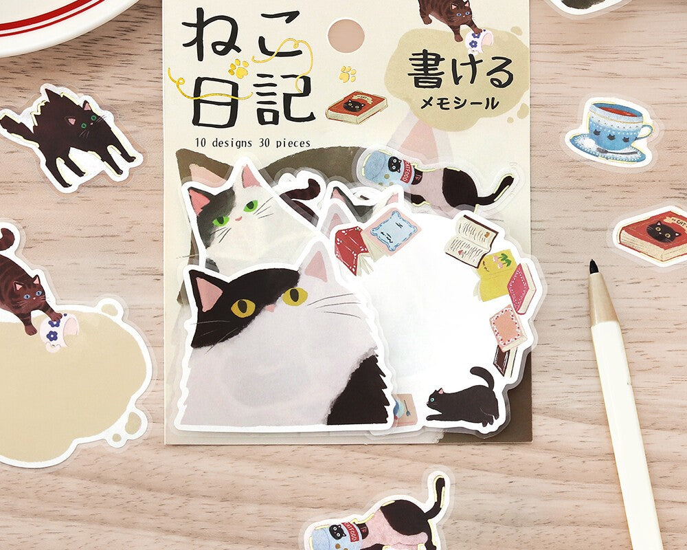 Cute Kawaii BGM Flake Stickers Sack - Write On Label Series - Favorite Cat Tabby Kitty Feline Pet Black and White - for Journal Agenda Planner Scrapbooking Craft Diary Gift