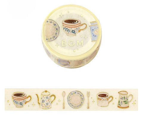 Cute Kawaii BGM Washi / Masking Deco Tape - Foil Stamping / Accents - Charming Teatime Tea Cup Cozy Relax Time - for Diary Journal Planner Craft Stationery Agenda Schedule Gift