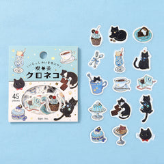 Cute Kawaii BGM Flake Stickers Sack - Cat Cafe Series - A Blue - Latte Chocolate Cake Coffee - for Journal Agenda Planner Scrapbooking Craft Diary Gift