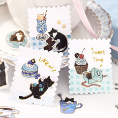 Cute Kawaii BGM Flake Stickers Sack - Cat Cafe Series - A Blue - Latte Chocolate Cake Coffee - for Journal Agenda Planner Scrapbooking Craft Diary Gift