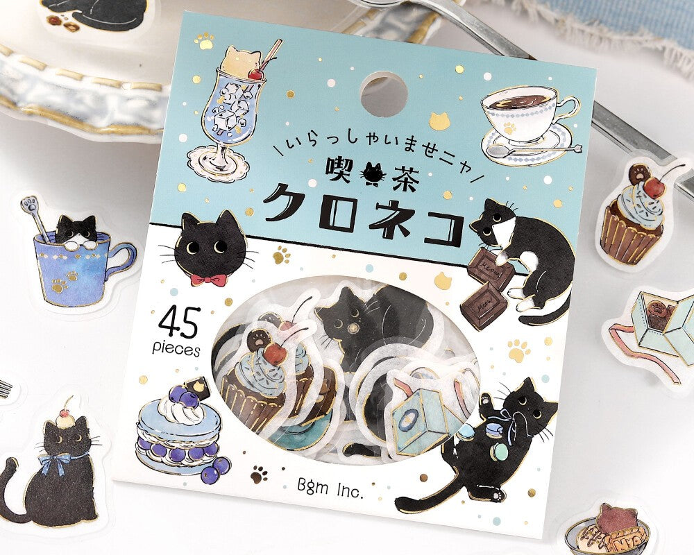 Cute Kawaii BGM Flake Stickers Sack - Cat Cafe Series - A Blue - Latte Chocolate Cake Coffee - for Journal Agenda Planner Scrapbooking Craft Diary Gift