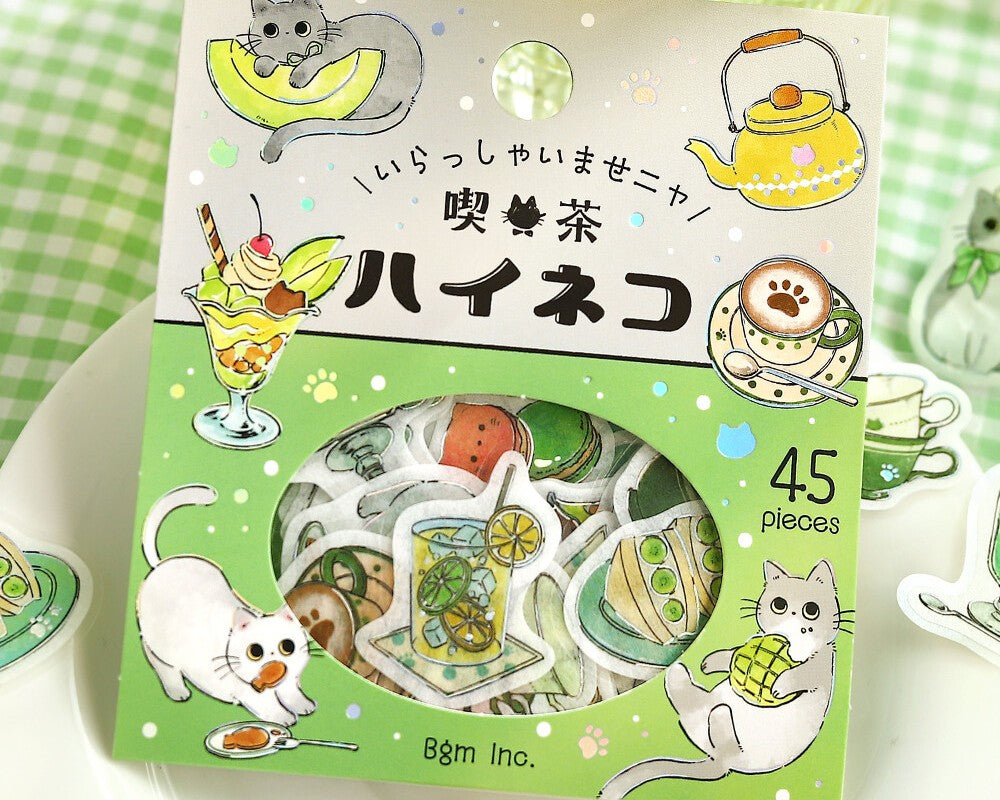 Cute Kawaii BGM Flake Stickers Sack - Cat Cafe Series - B Green - Matcha Green Tea Fresh Fruit Dessert - for Journal Agenda Planner Scrapbooking Craft Diary Gift