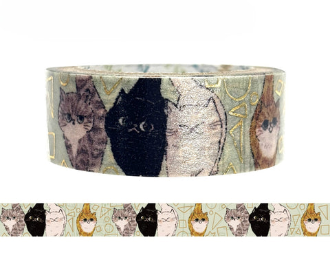Cute Kawaii Shinzi Katoh Gold Accents Washi / Masking Deco Tape - Curious Cats ♥ Dear Friends - for Diary Journal Notebook Planner Craft Scrapbook Gift