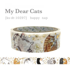 Cute Kawaii Shinzi Katoh Gold Accents Washi / Masking Deco Tape - Curious Cats ♥ Happy Nap - for Diary Journal Notebook Planner Craft Scrapbook Gift