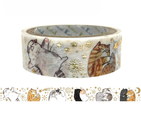 Cute Kawaii Shinzi Katoh Gold Accents Washi / Masking Deco Tape - Curious Cats ♥ Happy Nap - for Diary Journal Notebook Planner Craft Scrapbook Gift