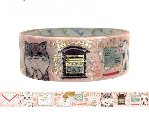 Cute Kawaii Shinzi Katoh Gold Accents Washi / Masking Deco Tape - Curious Cats ♥ Letter in the Mail - for Diary Journal Notebook Planner Craft Scrapbook Gift
