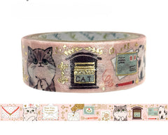 Cute Kawaii Shinzi Katoh Gold Accents Washi / Masking Deco Tape - Curious Cats ♥ Letter in the Mail - for Diary Journal Notebook Planner Craft Scrapbook Gift