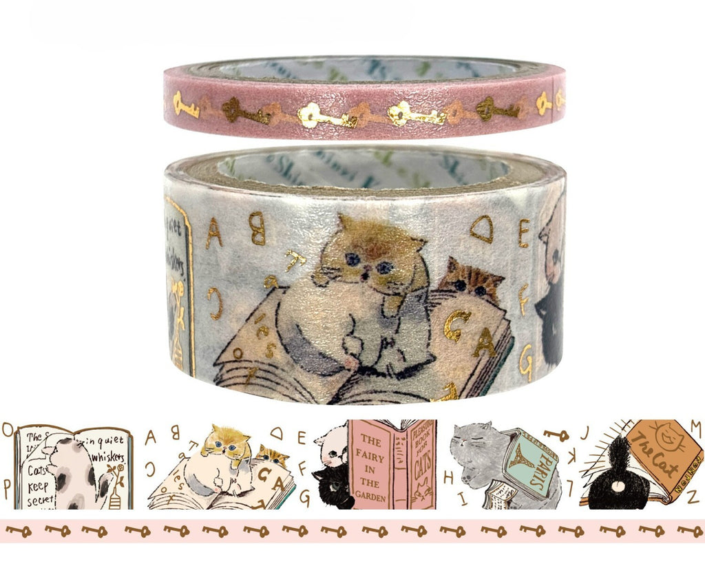 Cute Kawaii Shinzi Katoh Gold Foil Stamped Washi Deco Tapes Set of 2 - Adorable Dear Cats ♥ Reading Books Taking Naps B - for Gift Diary Journal Notebook Planner Craft Scrapbook