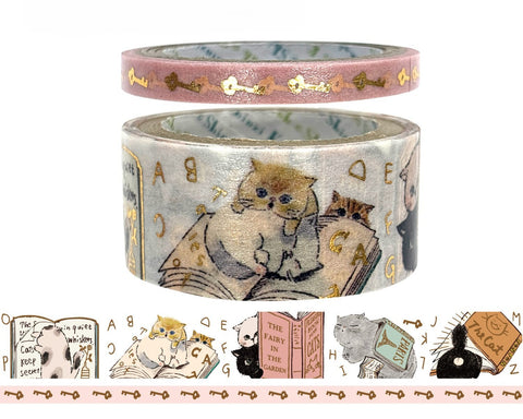 Cute Kawaii Shinzi Katoh Gold Foil Stamped Washi Deco Tapes Set of 2 - Adorable Dear Cats ♥ Reading Books Taking Naps B - for Gift Diary Journal Notebook Planner Craft Scrapbook