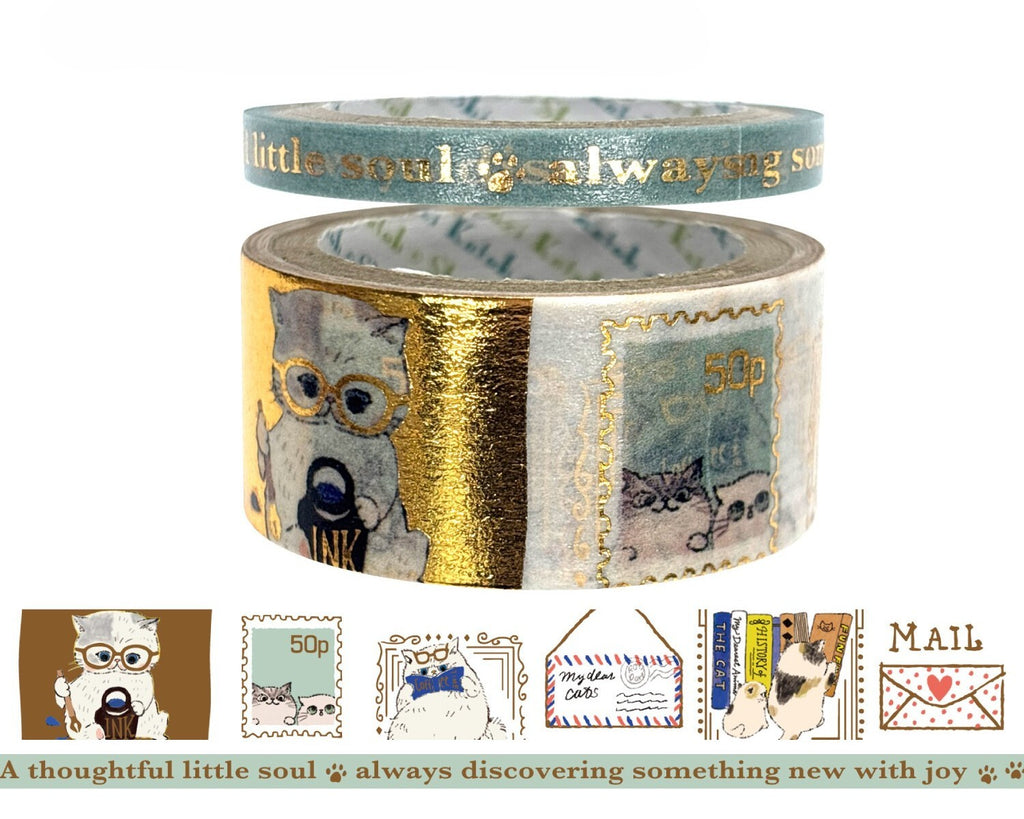Cute Kawaii Shinzi Katoh Gold Foil Stamped Washi Deco Tapes Set of 2 - Adorable Dear Cats ♥ Nap and Writing Letter in the Mail - for Gift Diary Journal Notebook Planner Craft Scrapbook