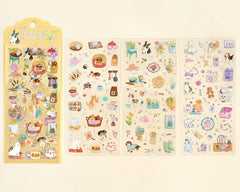 Cute Kawaii BGM Iridescent Set of 3 Sticker Sheets - Cozy with Cat & Dog at Home Room Kitchen Garden - for Journaling Diary Planner Craft Organizer Calendar