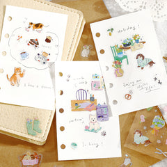 Cute Kawaii BGM Iridescent Set of 3 Sticker Sheets - Cozy with Cat & Dog at Home Room Kitchen Garden - for Journaling Diary Planner Craft Organizer Calendar