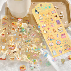 Cute Kawaii BGM Iridescent Set of 3 Sticker Sheets - Cozy with Cat & Dog at Home Room Kitchen Garden - for Journaling Diary Planner Craft Organizer Calendar