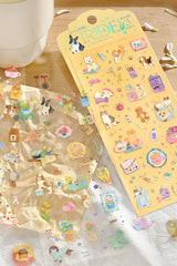 Cute Kawaii BGM Iridescent Set of 3 Sticker Sheets - Cozy with Cat & Dog at Home Room Kitchen Garden - for Journaling Diary Planner Craft Organizer Calendar