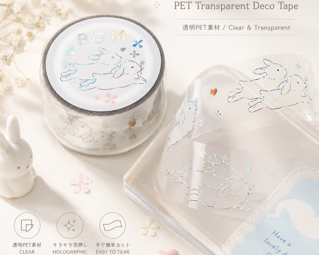 Cute Kawaii BGM Clear PET Deco Tape - Rabbit Bunny Hop Heart Easter - for Scrapbook Journal Planner Craft Decor Schedule Agenda Stationery