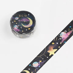 Cute Kawaii BGM Washi / Masking Deco Tape - Gold Accent - Stars Planet Universe Night Sky Dream - for Scrapbooking Journal Planner Craft