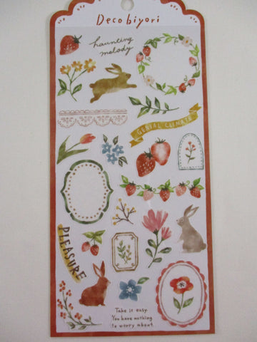 Cute Kawaii MW Decobiyori Series - B -  Rabbit Bunny Strawberry Autumn Fall Foliage Color Red Sticker Sheet - for Journal Planner Schedule Scrapbook Craft