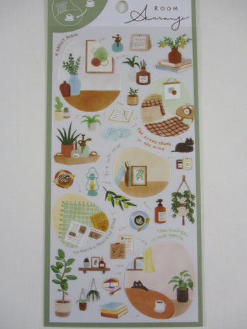 Cute Kawaii MW Room Series - B - Green Plant Cat Decor Books Read Serene Peaceful Me time Sticker Sheet - for Journal Planner Organizer Schedule Craft