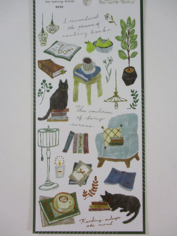Cute Kawaii MW Snug Cozy Room - B - Cat Books Reading Calm Green Plant Sticker Sheet - for Journal Planner Craft Organizer Schedule Decor