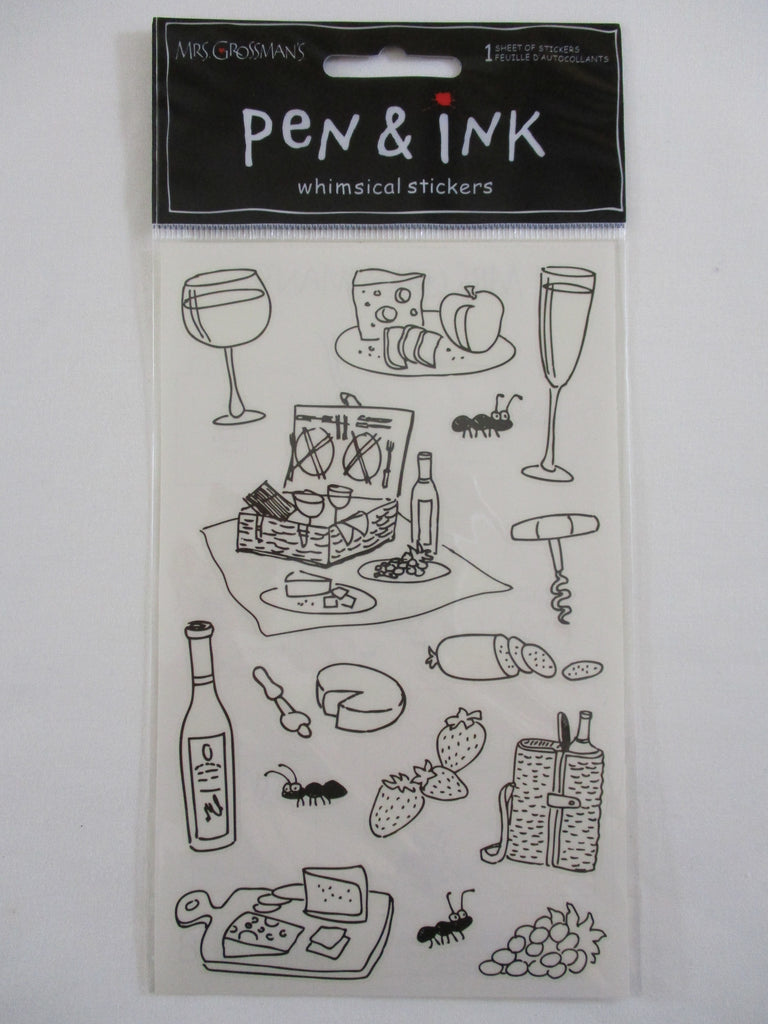 Mrs Grossman 4 x 6.5 Pen & Ink Whimsical - Picnic Basket Food Cheese Charcuterie Wine Fruit Sticker Sheet - Vintage & Collectible