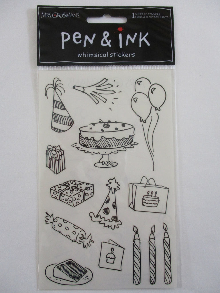 Mrs Grossman 4 x 6.5 Pen & Ink Whimsical - Birthday Cake Balloon Present Sticker Sheet - Vintage & Collectible