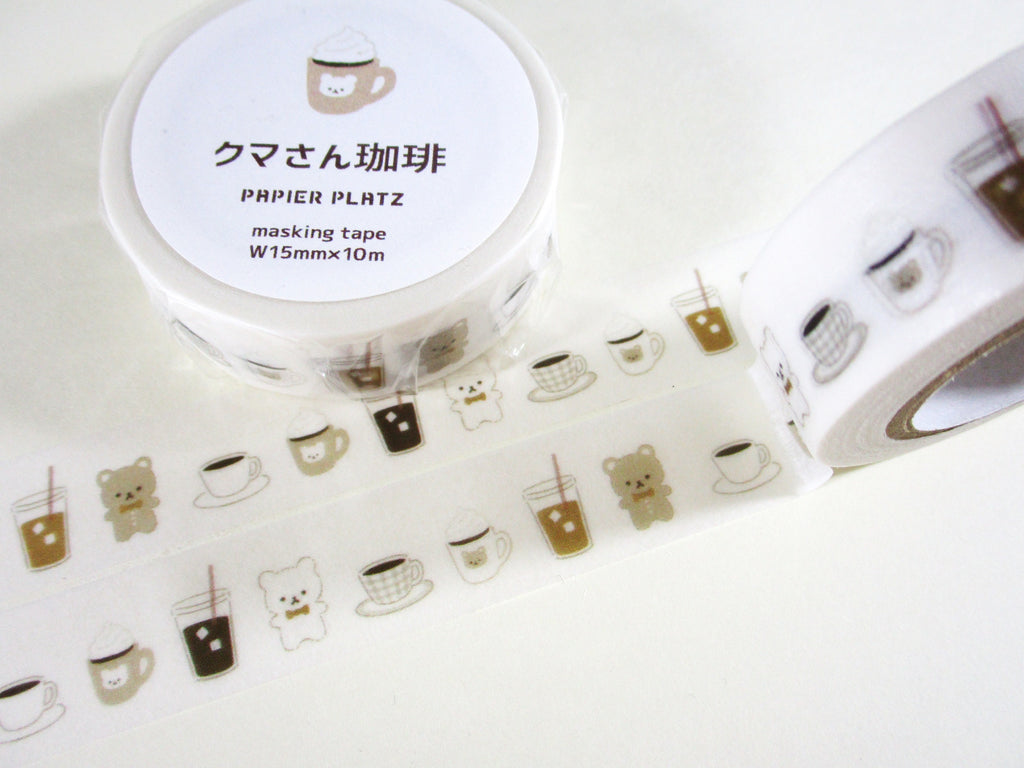 Cute Kawaii Papier Platz Washi / Masking Deco Tape - Bear Coffee Drink - for Scrapbooking Journal Planner Craft