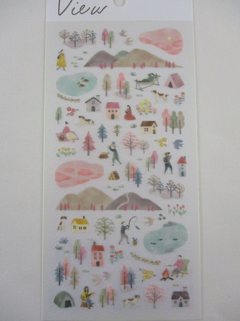 Cute Kawaii MW Scenic View Series - Pink Brown A - Nature Outdoor Mountain Fire Lake Fishing Sticker Sheet - for Journal Planner Craft