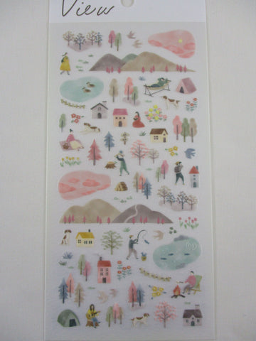 Cute Kawaii MW Scenic View Series - Pink Brown A - Nature Outdoor Mountain Fire Lake Fishing Sticker Sheet - for Journal Planner Craft