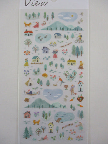 Cute Kawaii MW Scenic View Series - Green Blue B - Nature Outdoor Mountain Fox Camp Sticker Sheet - for Journal Planner Craft
