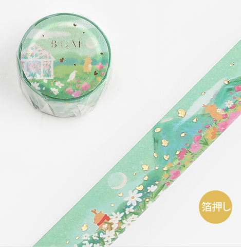 Cute Kawaii BGM Washi / Masking Deco Tape - Beautiful Green Flower Field Garden Butterfly Rabbit Animal - for Scrapbooking Journal Planner Craft