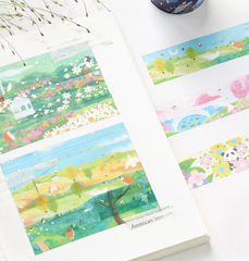 Cute Kawaii BGM Washi / Masking Deco Tape - Beautiful Green Flower Field Garden Butterfly Rabbit Animal - for Scrapbooking Journal Planner Craft