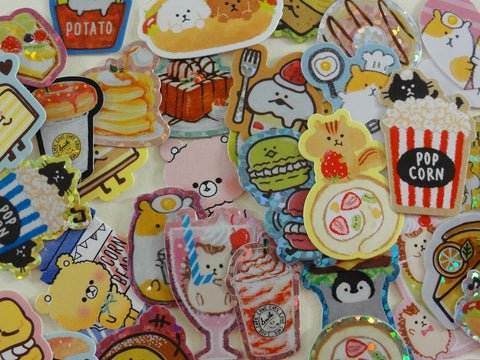 Cute Kawaii Food theme Burger Popcorn Coffee Drink Sweet Bakery Flake Stickers - 40 pcs + Bonus 1 large