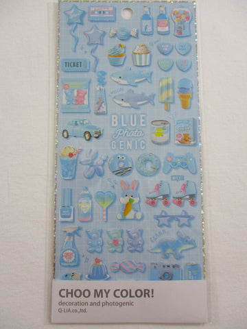 Cute Kawaii Q-Lia Photo Genic - Blue - Cupcake Candies Ice Cream Shark Rabbit Game Sticker Sheet - for Journal Planner Craft