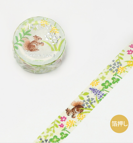 Cute Kawaii BGM Washi / Masking Deco Tape - Crayon Land series - Spring Green Nature Flower Field Squirrel - for Scrapbooking Journal Planner Craft