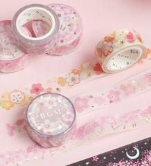 Cute Kawaii BGM Washi / Masking Deco Tape - Gold Accents - Cherry Blossom Sakura Flower - for Scrapbooking Journal Planner Craft