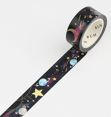 Cute Kawaii BGM Washi / Masking Deco Tape - Gold Accent - Stars Planet Universe Night Sky Dream - for Scrapbooking Journal Planner Craft